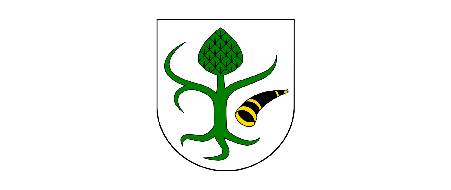 Herb przedstawia w srebrnym polu zielone drzewo o trzech korzeniach i dwóch konarach, z których prawy dodatkowo rozgałęziony na dwa mniejsze, na którego szczycie znajduje się owoc karczocha zielony; na lewo od pnia czarny róg myśliwski z okuciami, ustnikiem i wylotem w kolorze złotym, ułożony na opak w skos. 