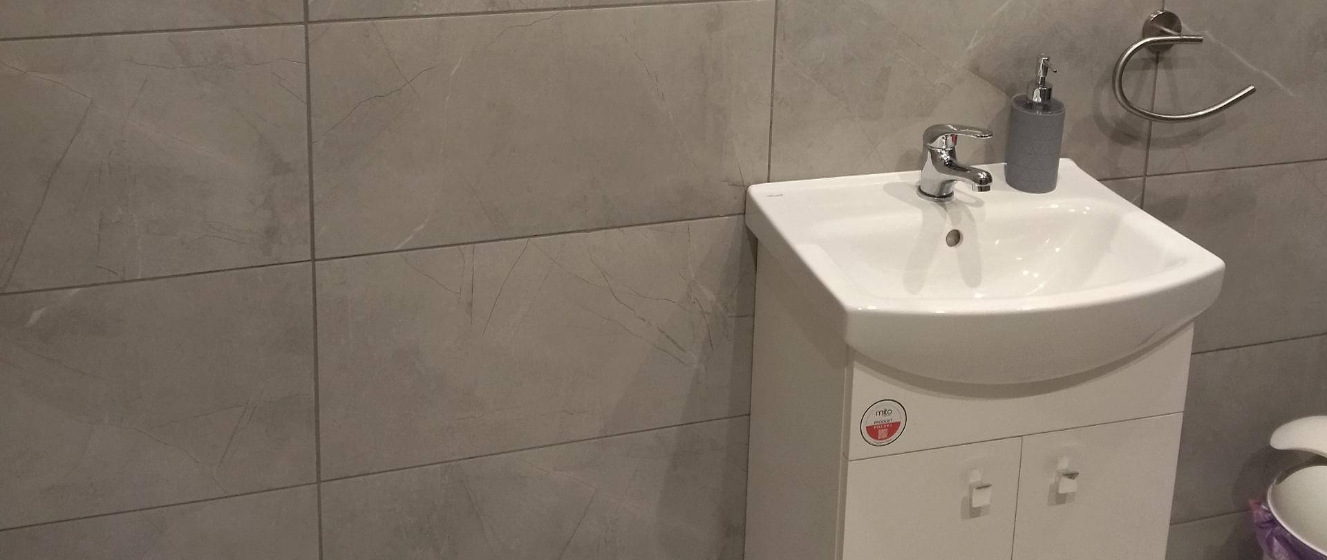 Obraz przedstawia wnętrze łazienki z białą umywalką umieszczoną na szafce z zamykanymi drzwiczkami. Nad umywalką znajduje się małe lustro, a po prawej stronie zawieszony jest uchwyt na ręcznik. Na umywalce stoi dozownik do mydła. Ściany łazienki są wyłożone szarymi płytkami, nadającymi przestrzeni nowoczesny i schludny wygląd. Na ścianie widoczna jest tablica informacyjna.