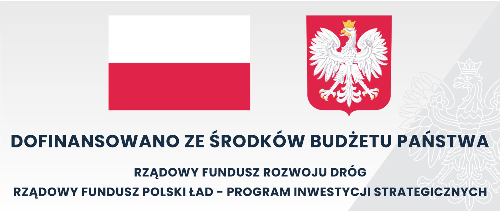 Szara tablica z flagą oraz godłem polskim z napisem dofinansowano ze środków Budżetu Państwa
Rządowy Fundusz Rozwoju Dróg, Rządowy Fundusz Polski Ład - Program Inwestycji Strategicznych