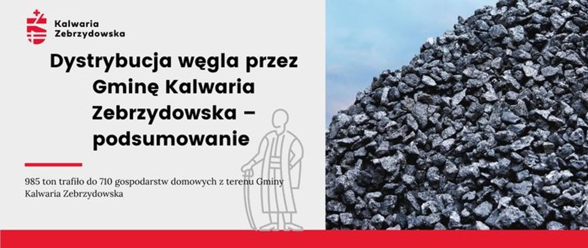 Plansza informacyjna - po lewej napis - Dystrybucja węgla przez Gminę Kalwaria Zebrzydowska – podsumowanie, po prawej węgiel 
