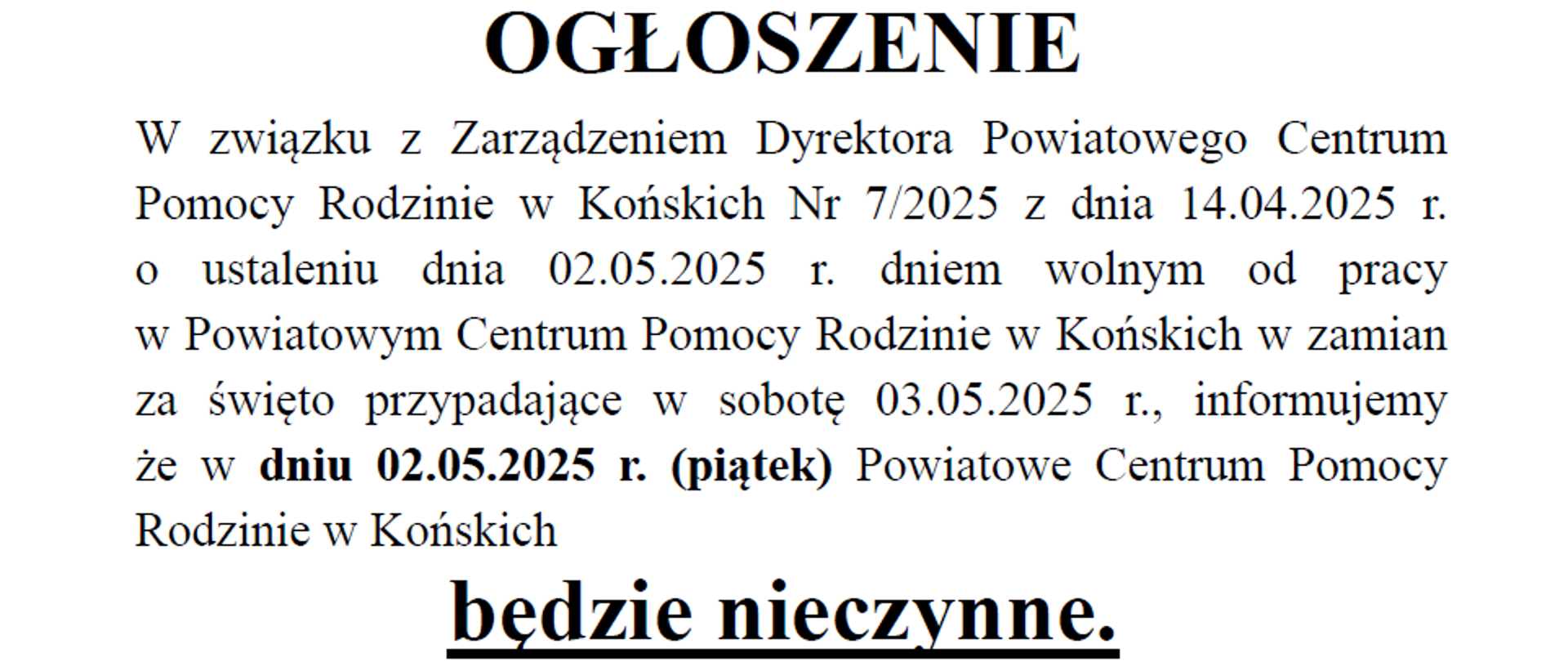 Ogłoszenie dzień wolny PCPR