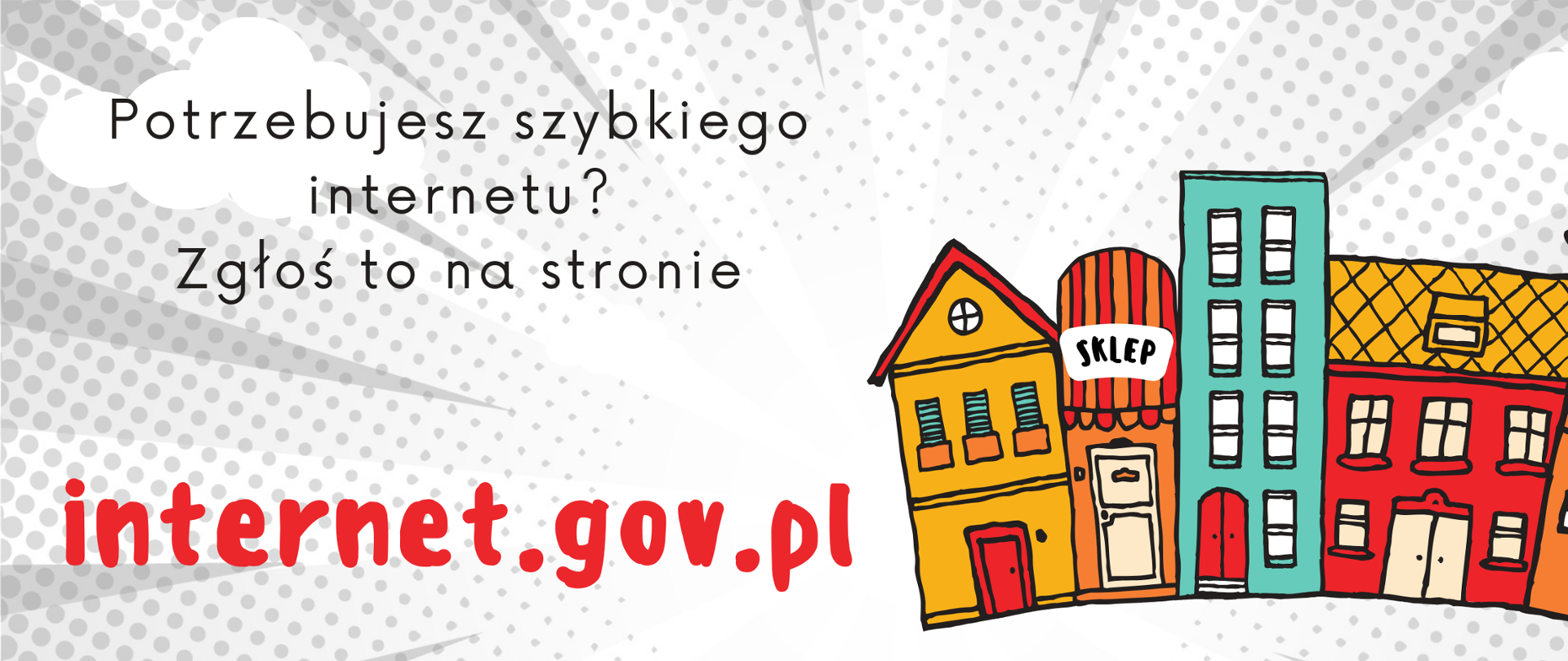 Baner - na biało-szarym tle kolorowe rysunkowe fasady zabudowań miejskich