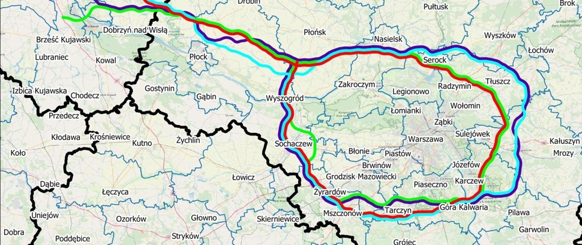 Mapa przebiegu planowanej trasy S10 oraz Obwodnicy Aglomeracji Warszawskiej