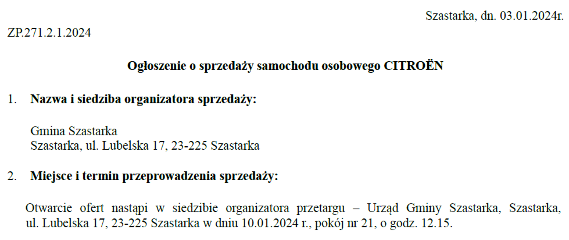 Ogłoszenie o sprzedaży samochodu osobowego CITROËN