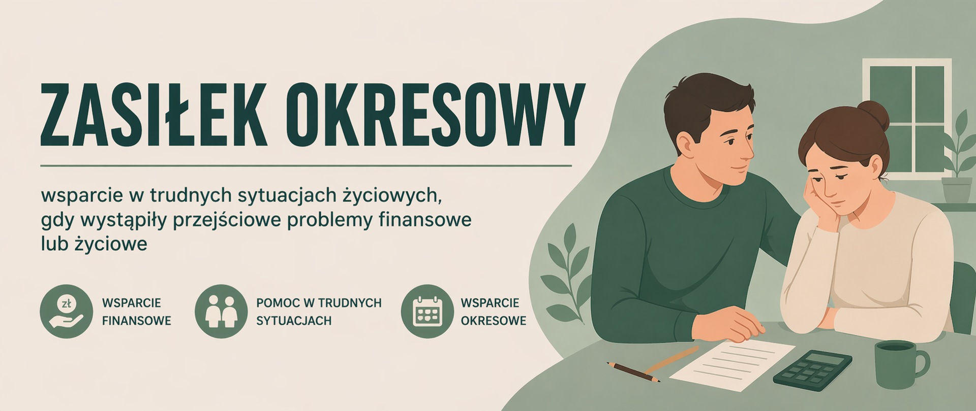 Panoramiczna grafika informacyjna utrzymana w stonowanej, spokojnej kolorystyce (beże i zielenie). Po lewej stronie znajduje się wyraźny nagłówek „ZASIŁEK OKRESOWY” oraz krótki opis wskazujący, że jest to forma wsparcia dla osób i rodzin znajdujących się w trudnej, przejściowej sytuacji życiowej lub finansowej. Poniżej umieszczono proste ikony symbolizujące pomoc finansową, wsparcie w trudnych sytuacjach oraz czasowy charakter świadczenia.
Po prawej stronie widoczna jest ilustracja przedstawiająca dwie osoby – jedna z nich udziela wsparcia drugiej, która znajduje się w trudniejszym położeniu. Na stole widoczne są dokumenty i kalkulator, co symbolizuje problemy finansowe oraz proces ubiegania się o pomoc. W tle znajdują się elementy domowe i roślinne, podkreślające codzienny, życiowy charakter sytuacji. Całość ma nowoczesny, przejrzysty i przyjazny odbiorcy wygląd.