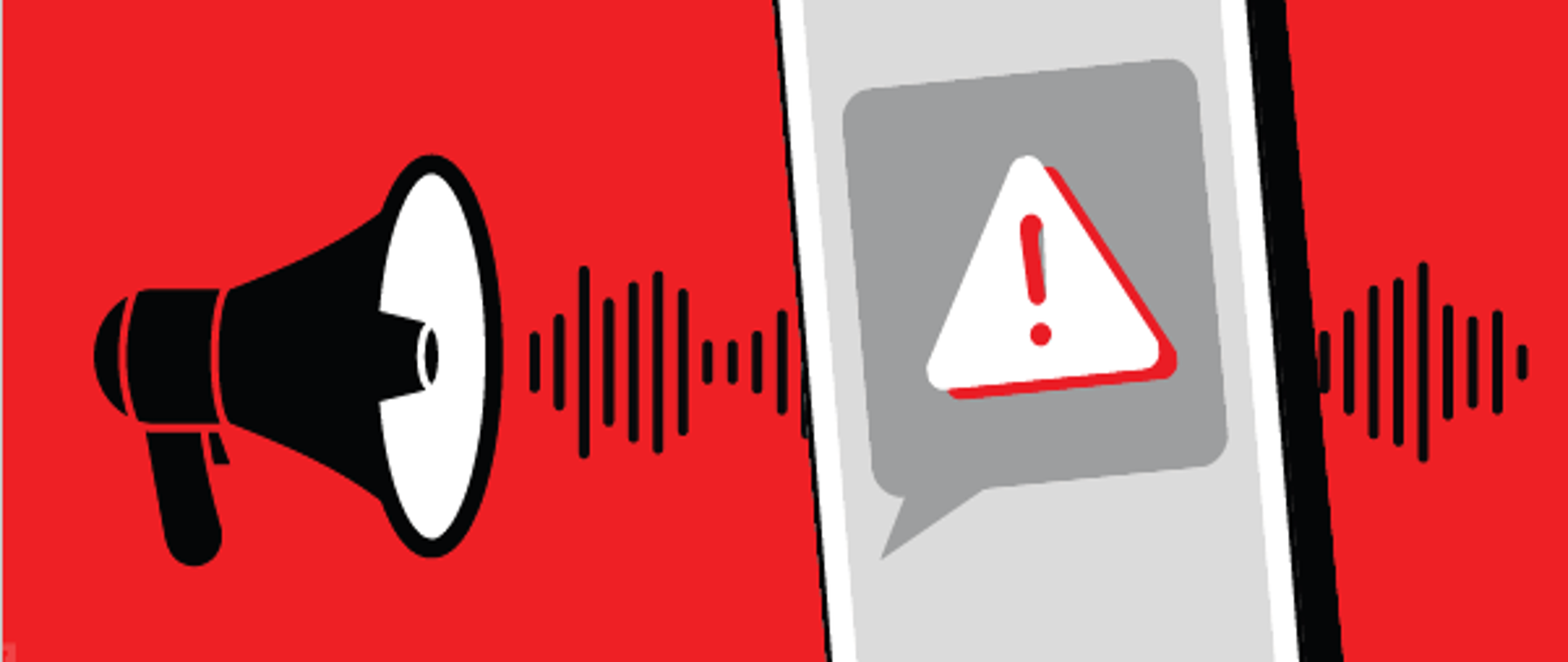 Zdjecie przedstawia megafon oraz telefon z powiadomieniem alertowym na czerwonym tle