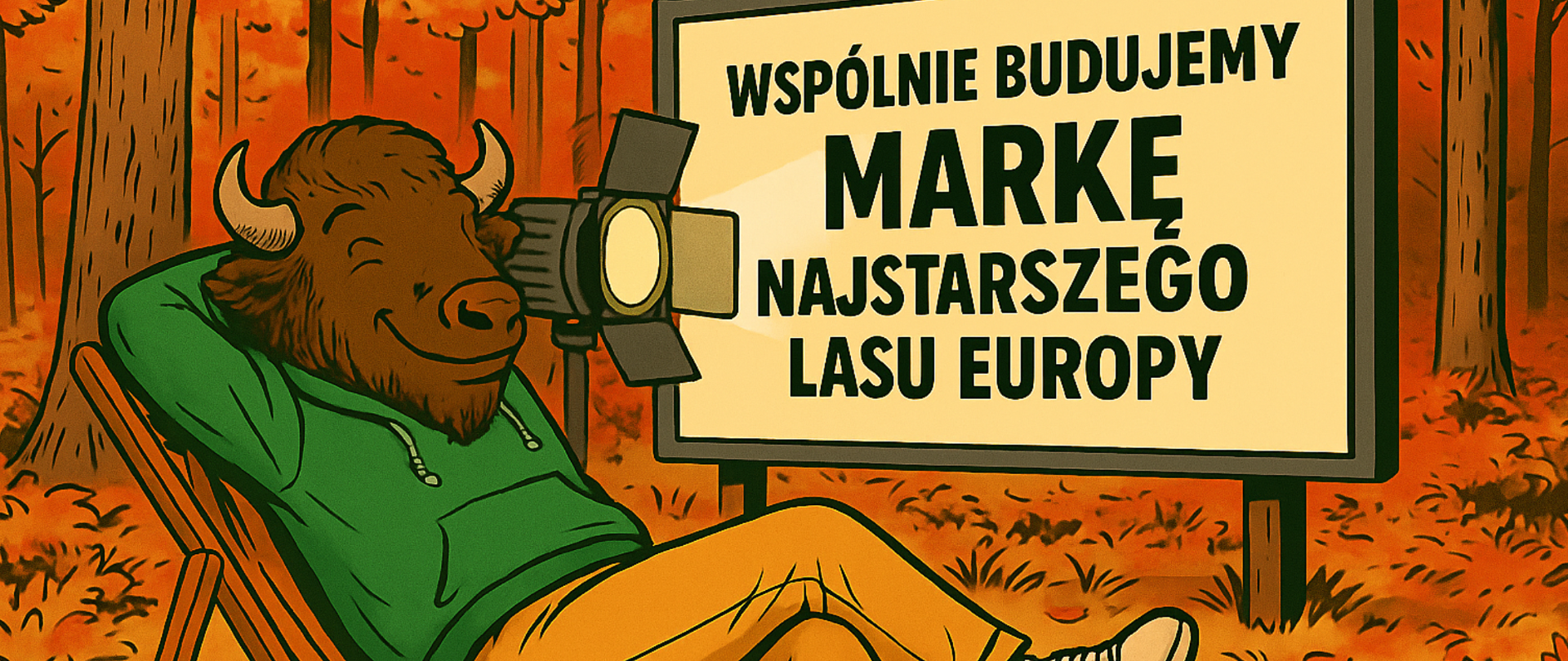 W fotelu w jesiennej puszczy siedzi żubr. Jest ubrany w zieloną bluzę i spodnie, odpoczywa. Przed nim stoi ekran z napisem "Wspólnie budujemy markę najstarszego lasu Europy". U dołu logotypy projektu