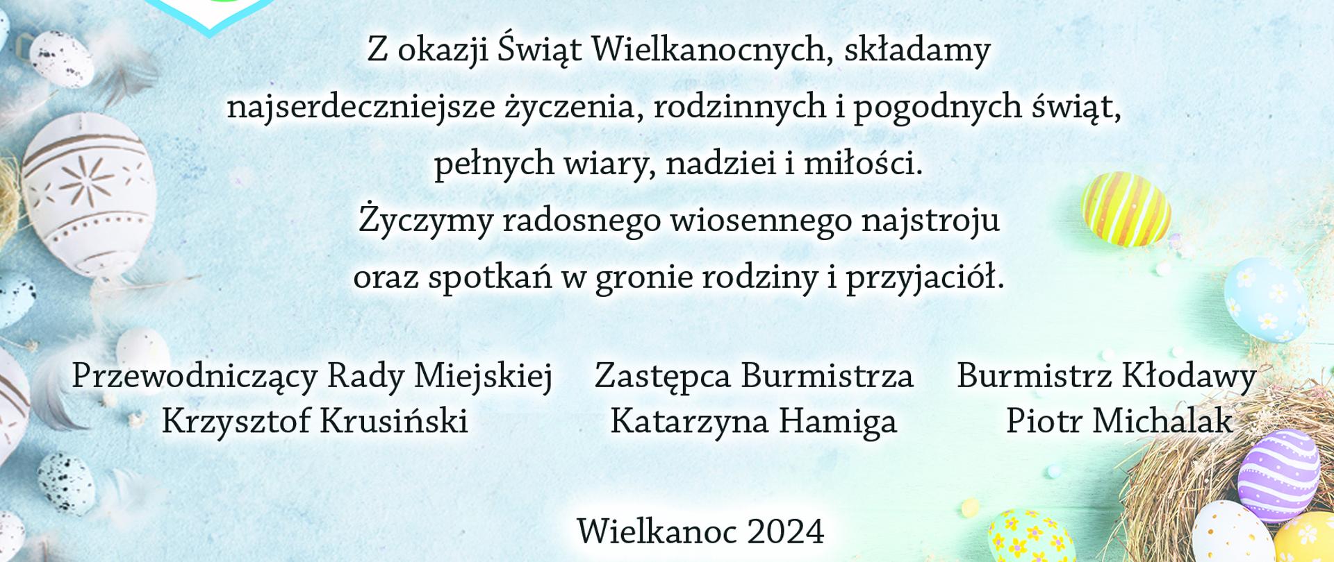 Życzenia Wielkanocne. Grafika przedstawia życzenia wielkanocne kierowane do mieszkańców Gminy Kłodawa z okazji Świąt Wielkanocnych.