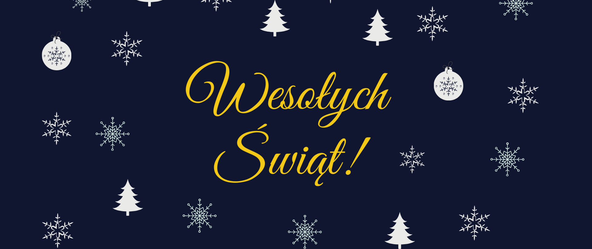 Zdjęcie przedstawia okolicznościowy tekst "Wesołych Świąt" w tle znajdują sie choinki, bombki, płatki śniegu. 