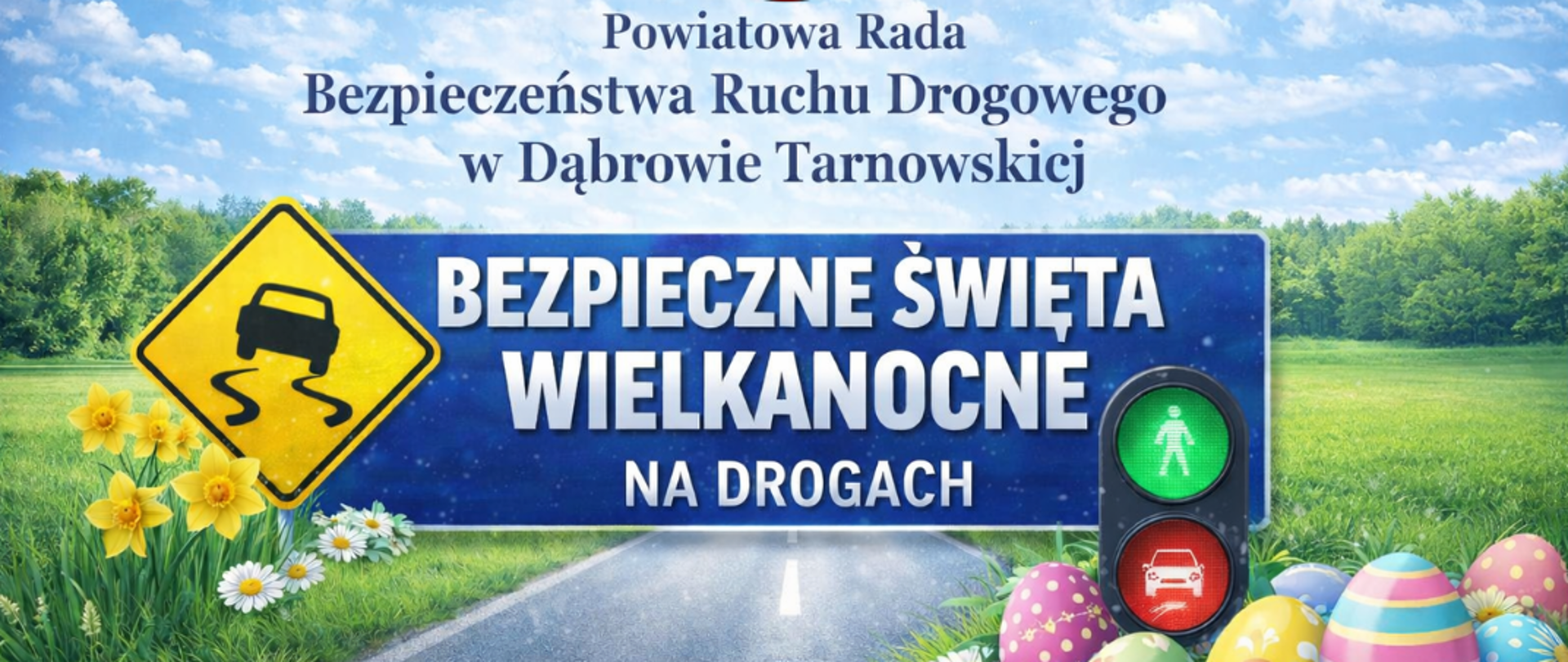 Grafika z herbem Powiatu Dąbrowskiego i napisem Powiatowa Rada Bezpieczeństwa Ruchu Drogowego w Dąbrowie Tarnowskiej, Bezpieczne Święta Wielkanocne na drogach