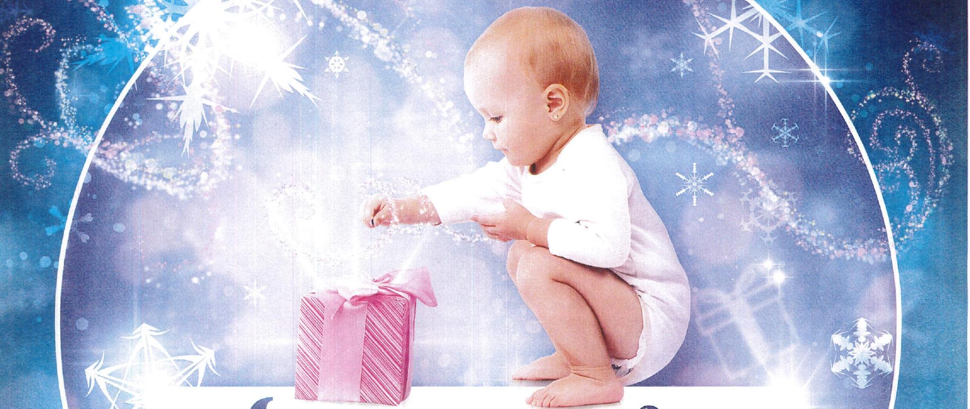 Zdjęcie dziecka sięgającego do paczki prezentowej, poniżej treść informująca o akcji.