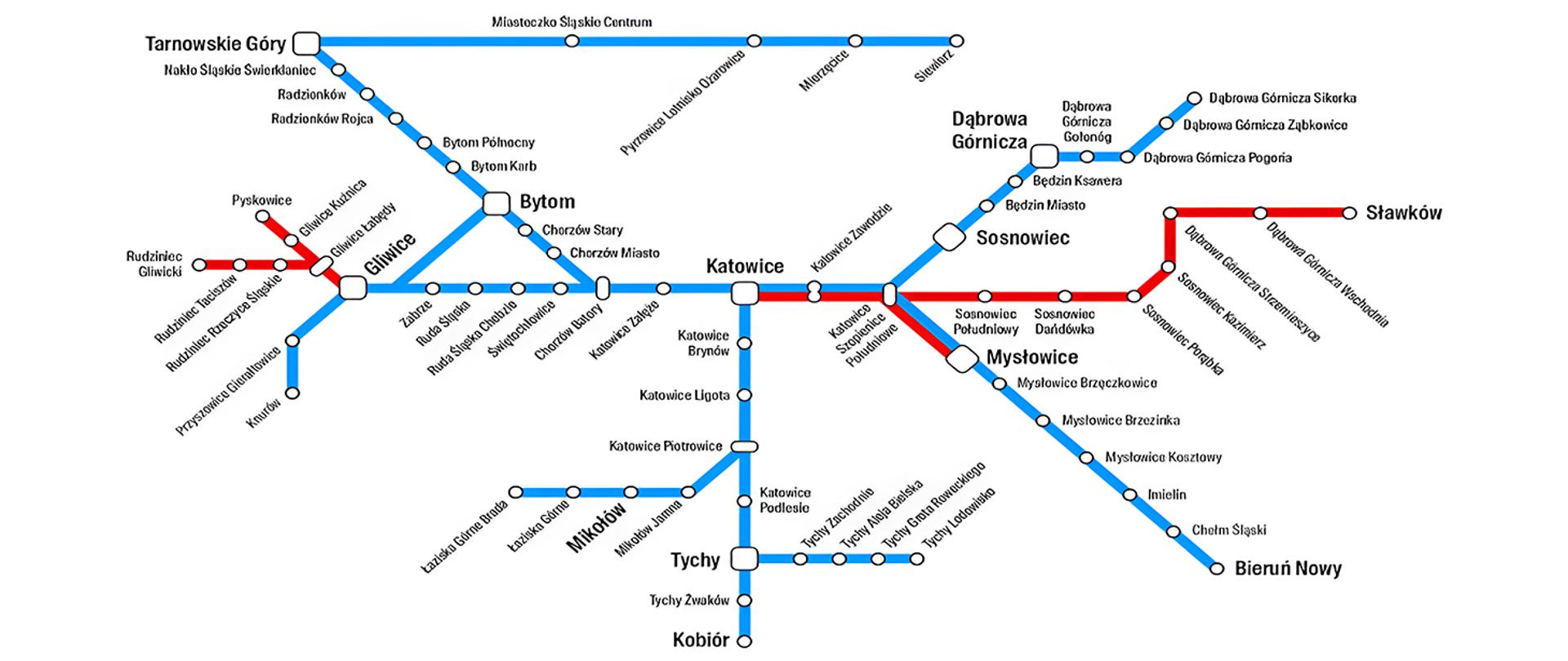 Niebiesko czerwony schemat tras komunikacji