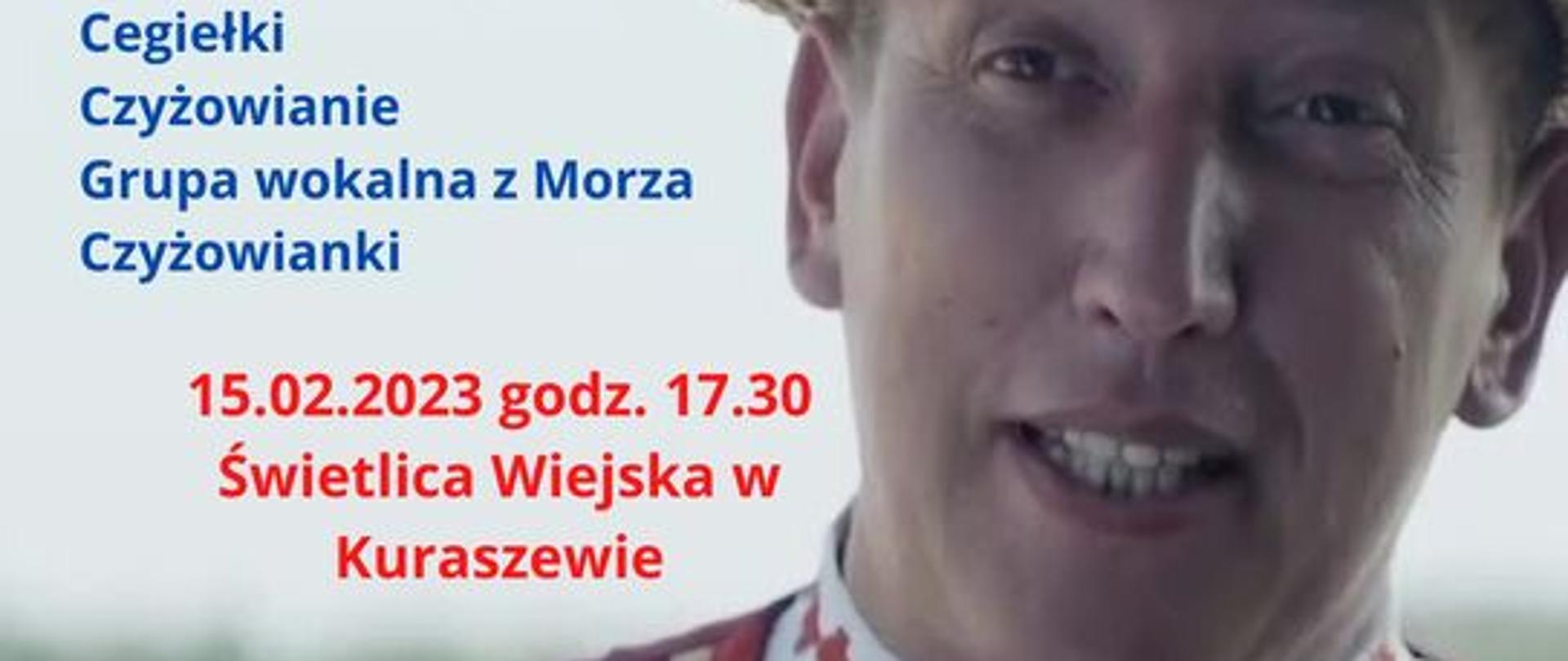 Na plakacie w centrum osoba mężczyzny w stroju ludowym. Obok napisy organizacyjne (tytuł, miejsce, data, nazwy zespołów, które wystąpią) 