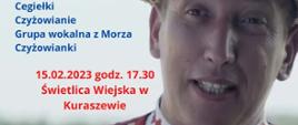 Na plakacie w centrum osoba mężczyzny w stroju ludowym. Obok napisy organizacyjne (tytuł, miejsce, data, nazwy zespołów, które wystąpią) 