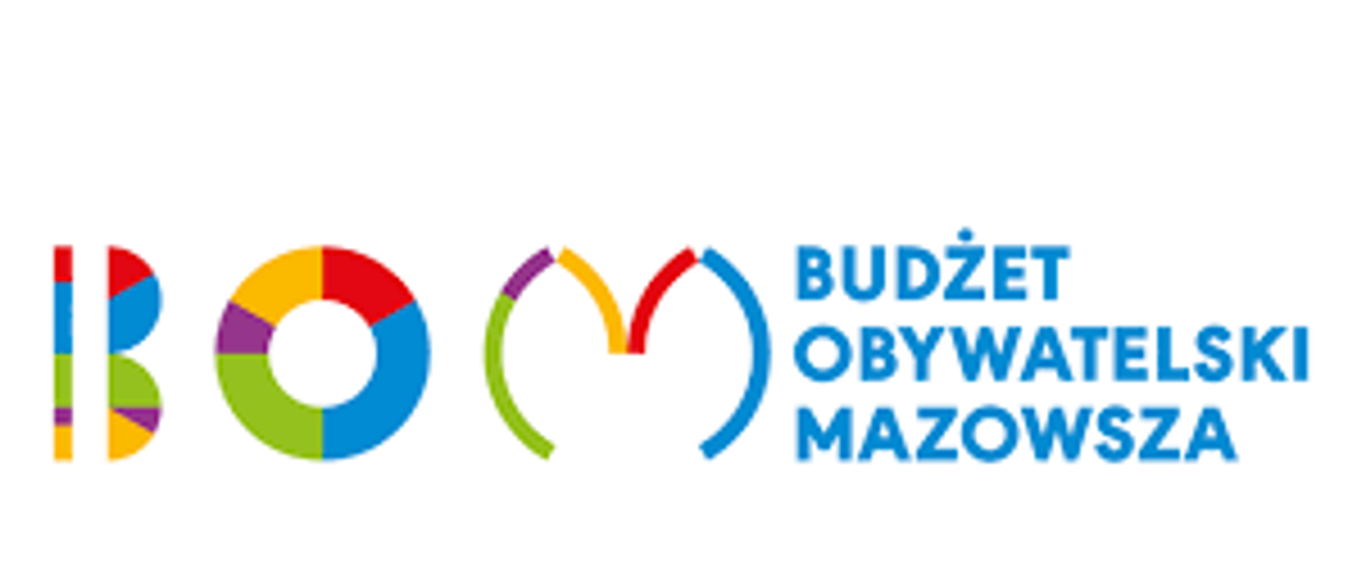 kolorowe litery BOM obok niebieski napis: budżet obywatelski mazowsza