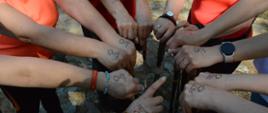 Uczestnicy Dni otwartych preznetują naklejkę logo Dni Funduszy Europejskich na dłoniach