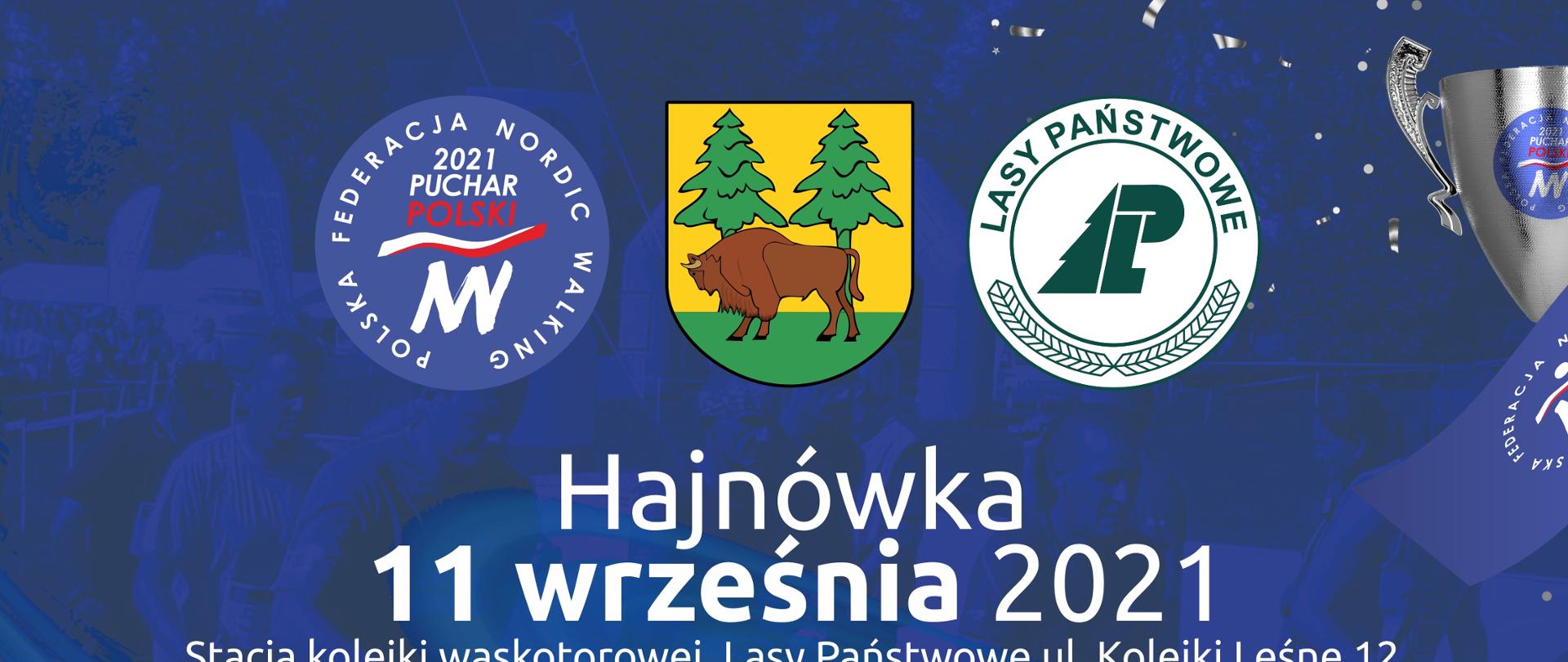 Plakat promujący wydarzenie - na niebieskim tle, w centralnym punkcie białe napisy: Hajnówka 11 września 2021 Stacja kolejki wąskotorowej, Lasy Państwowe ul. Kolejki Leśne 12. Finał Pucharu Polski Nordic Walking. U dołu loga partnerów: patronaty honorowe, patronaty medialne, partnerzy