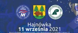 Plakat promujący wydarzenie - na niebieskim tle, w centralnym punkcie białe napisy: Hajnówka 11 września 2021 Stacja kolejki wąskotorowej, Lasy Państwowe ul. Kolejki Leśne 12. Finał Pucharu Polski Nordic Walking. U dołu loga partnerów: patronaty honorowe, patronaty medialne, partnerzy