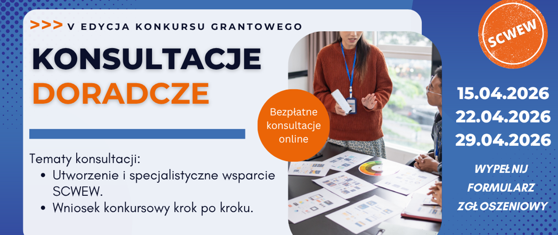 plakat z napisem Konsultacje doradcze SCWEW