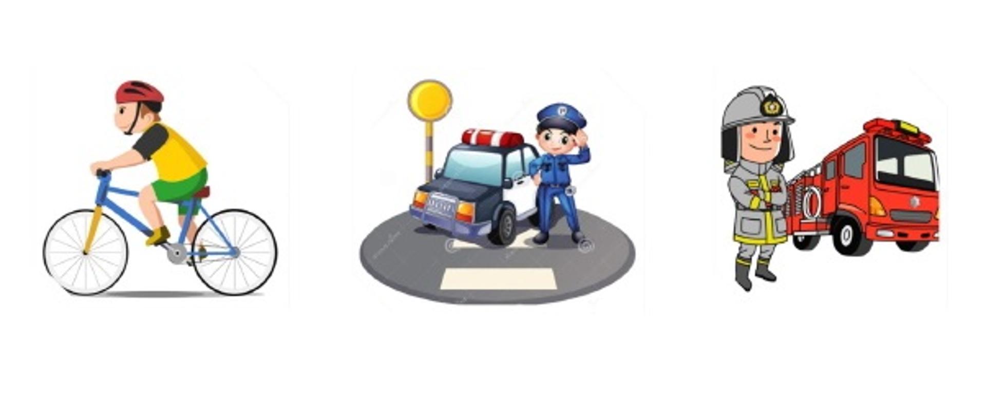 Rysunek kolarza na rowerze, policjanta przy samochodzie oraz strażaka przy czerwonym wozie strażackim
