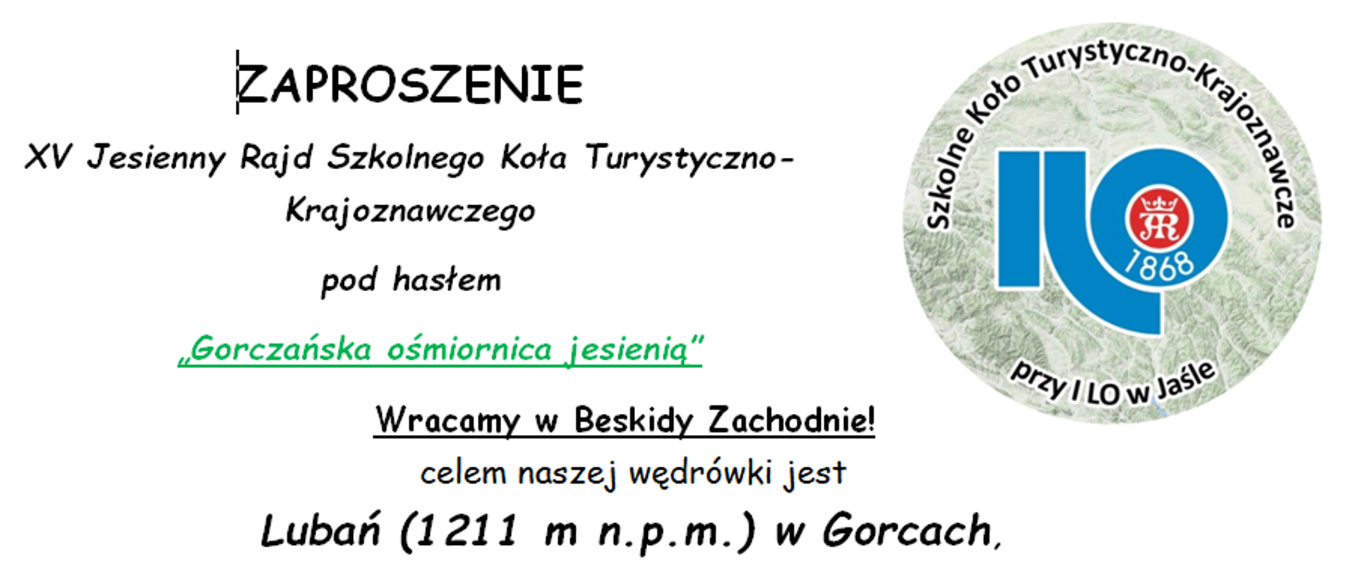 Zaproszenie na XV Jesienny Rajd Szkolnego Koła Turystyczno-Krajoznawczego