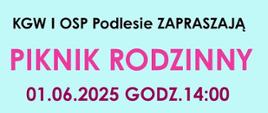 niebieskie tło czarne i różowe litery zaproszenie na piknik rodzinny 