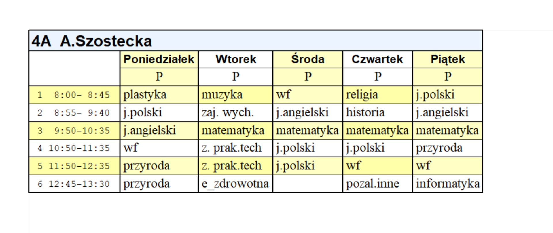 Plan lekcji kl. 4