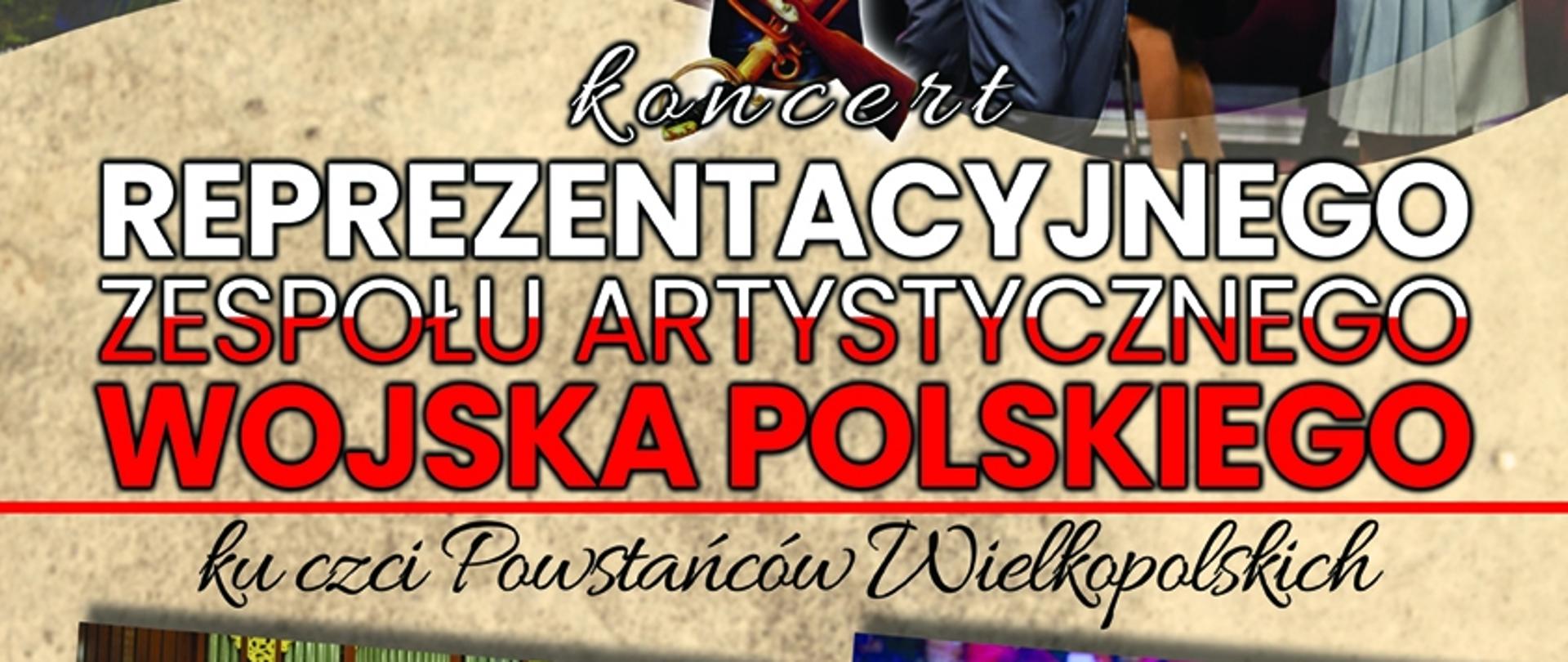 Plakat informacyjny koncertu Koncert Reprezentacyjnego Zespołu Artystycznego Wojska Polskiego zaplanowanego na dzień 05.02.2022, postacie w mundurach, zdjęcia z innych koncertów zespołu, piaskowe tło