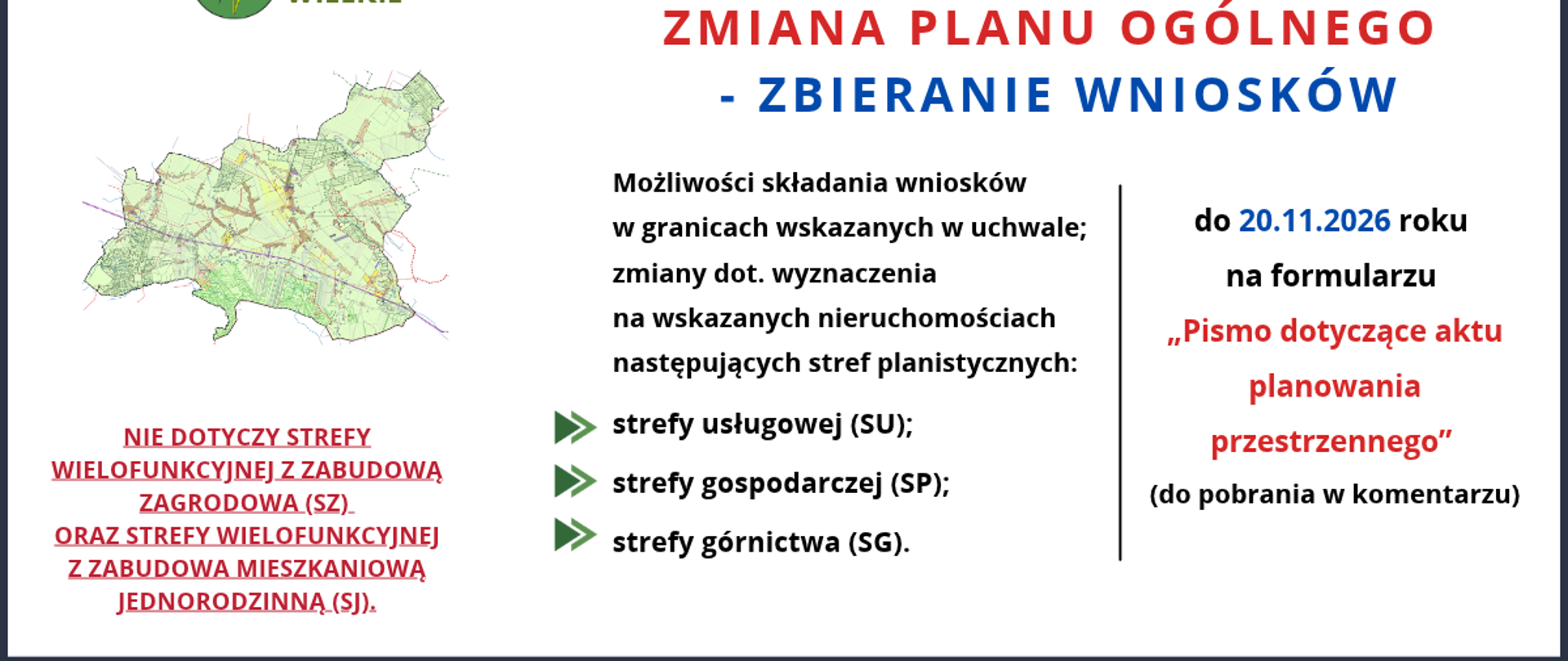 Grafika informacyjna Plan Ogólny Gminy Kobiele Wielkie. Na górze logo Gmina Kobiele Wielkie i napis PLAN OGÓLNY GMINY KOBIELE WIELKIE. Poniżej czerwono-niebieski tytuł: ZMIANA PLANU OGÓLNEGO - ZBIERANIE WNIOSKÓW. Po lewej mapa gminy i na czerwono informacja: NIE DOTYCZY STREFY WIELOFUNKCYJNEJ Z ZABUDOWĄ ZAGRODOWĄ (SZ) ORAZ STREFY WIELOFUNKCYJNEJ Z ZABUDOWĄ MIESZKANIOWĄ JEDNORODZINNĄ (SJ). W środku tekst: Możliwość składania wniosków w granicach wskazanych w uchwale; zmiany dot. wyznaczenia na wskazanych nieruchomościach następujących stref planistycznych: strefy usługowej (SU); strefy gospodarczej (SP); strefy górnictwa (SG). Po prawej termin: do 20.11.2026 roku na formularzu „Pismo dotyczące aktu planowania przestrzennego” do pobrania w komentarzu.