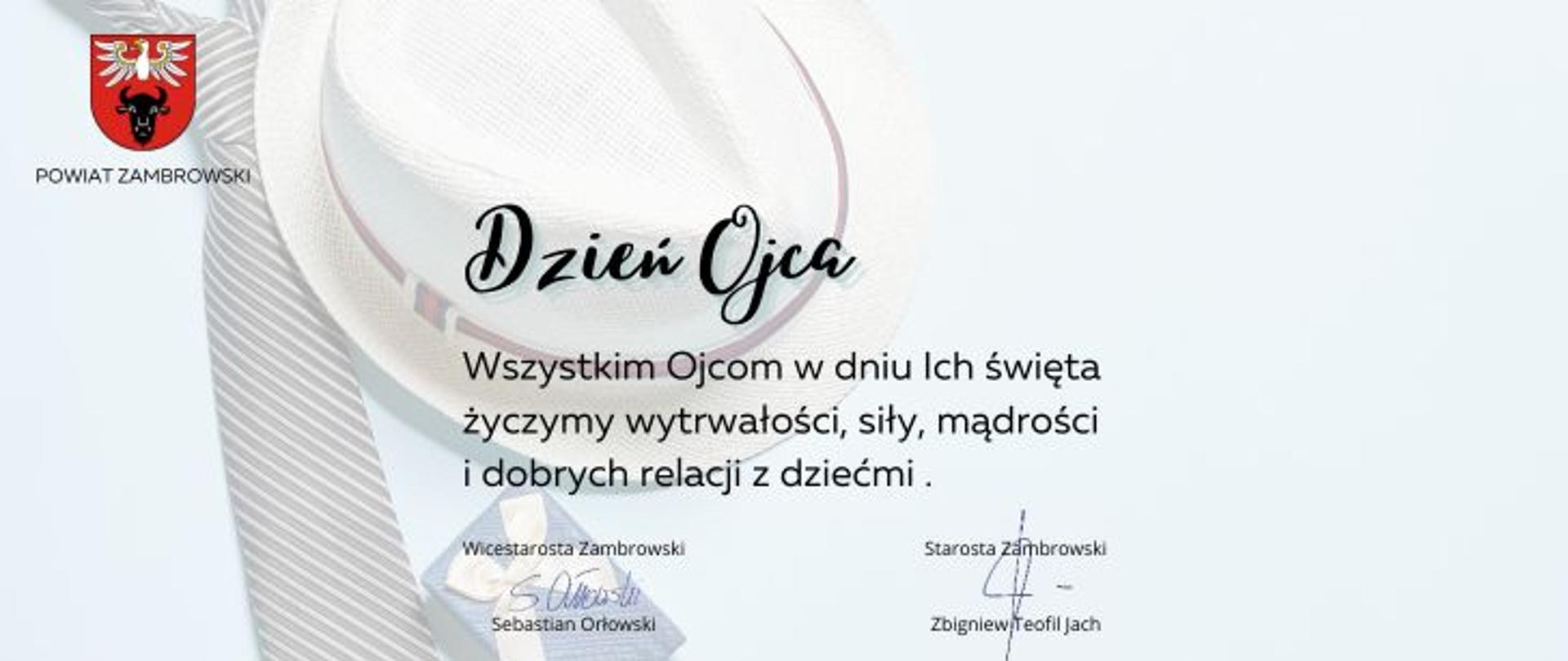na obrazku znajduje się tekst z życzeniami z okazji Dnia Ojca, w tle kolorowa grafika, a w górnym lewym rogu logo powiatu