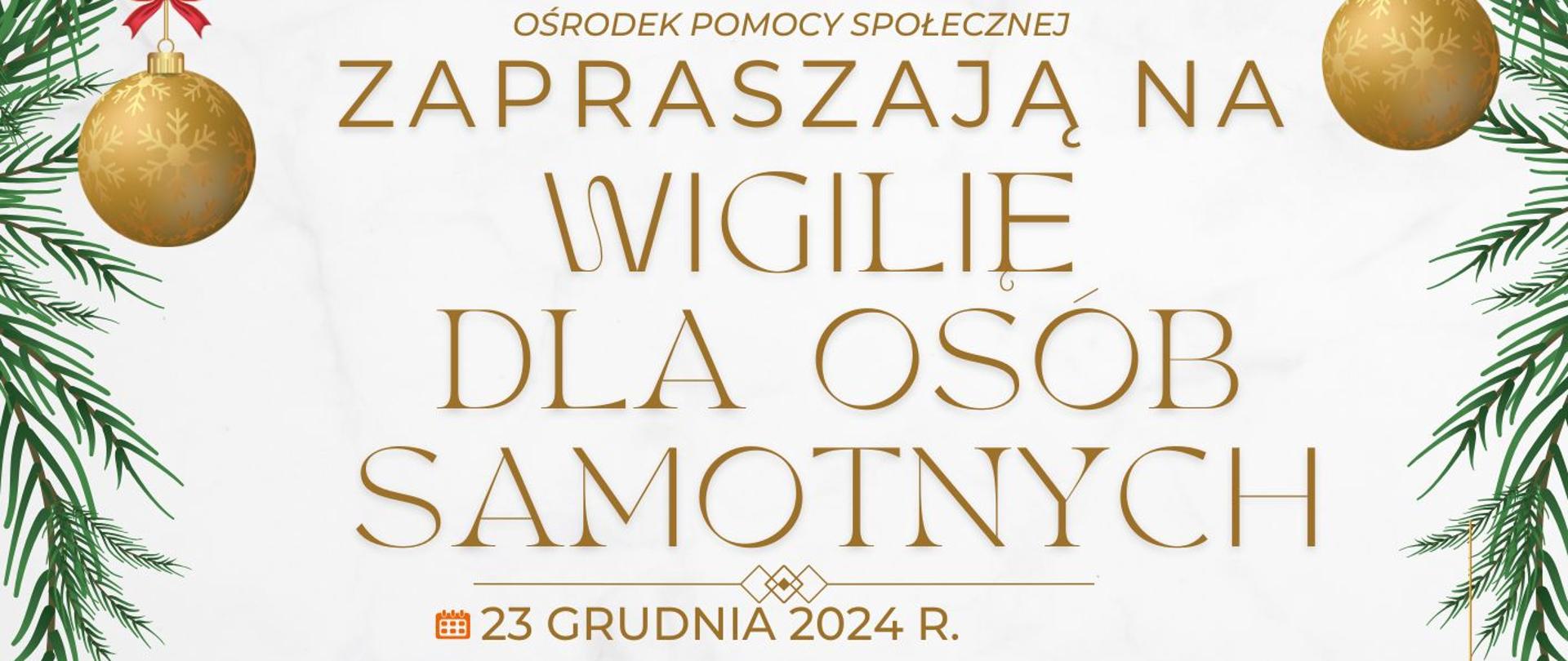 Wigilia dla samotnych - plakat - treść w tekście artykułu. Grafika świąteczna, bombki, choinka, gwiazdki