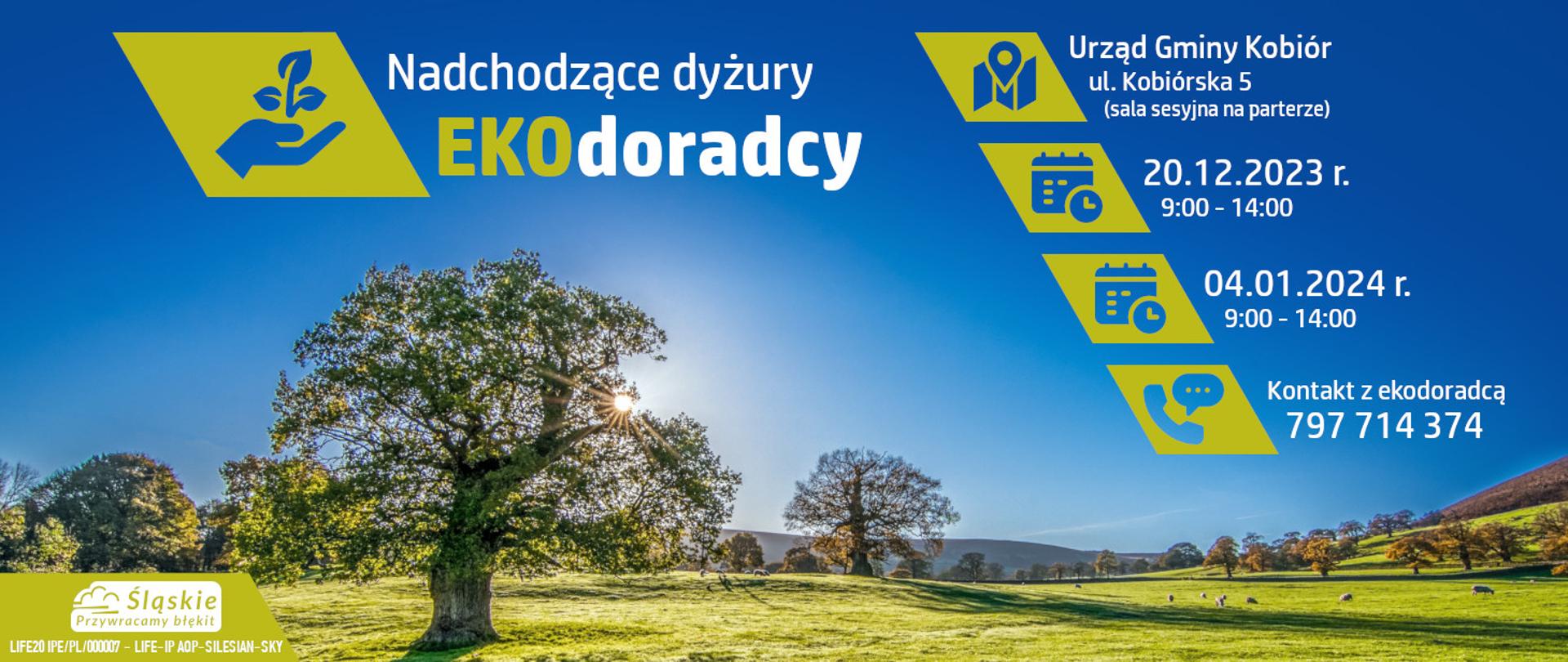 Baner informujący o dyżurach EkoDoradcy w tle słoneczne niebo i drzewa na zielonej trawie
