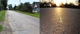 Droga we wsi Kutowa - przed i po remoncie. Od lewej - stan nawierzchni przed remontem (wybite pobocza, popękany i dziurawy asfalt, po prawej - droga po remoncie: nowa nawierzchnia z bliskiej perspektywy - brak wyrw i dziur