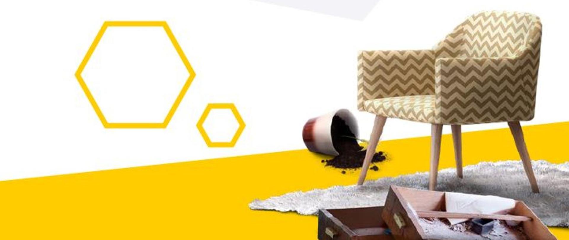 Grafika przedstawia na biało- żółtym tle z prawej strony krzesło na dywanie, zbitą doniczkę z ziemią oraz drewniane przewócone tacki