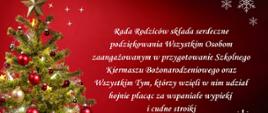 Podziękowania od Rady Rodziców zamieszczone na czerwonej karcie, po lewej stronie karty świąteczna choinka z prezentami