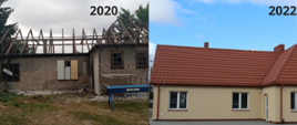 Kolaż zdjęć prezentujący efekty przebudowy: od lewej 2020 r. odrapany budynek bez dachu, zarośnięty plac - budynek w trakcie prac, po prawej: rok 2022 nowy dach, nowy tynk, wysprzątany plac wokół
