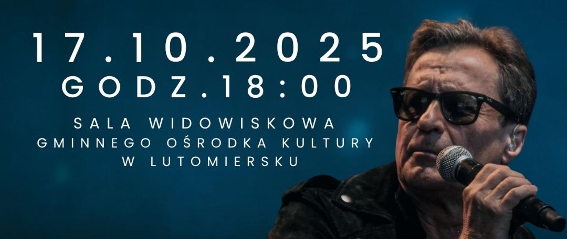 Zdjęcie przedstawia plakat informujący o koncercie Jacka kawalca który odbędzie się 17.10.2025r. o godz. 18:00 w gok lutomiersk