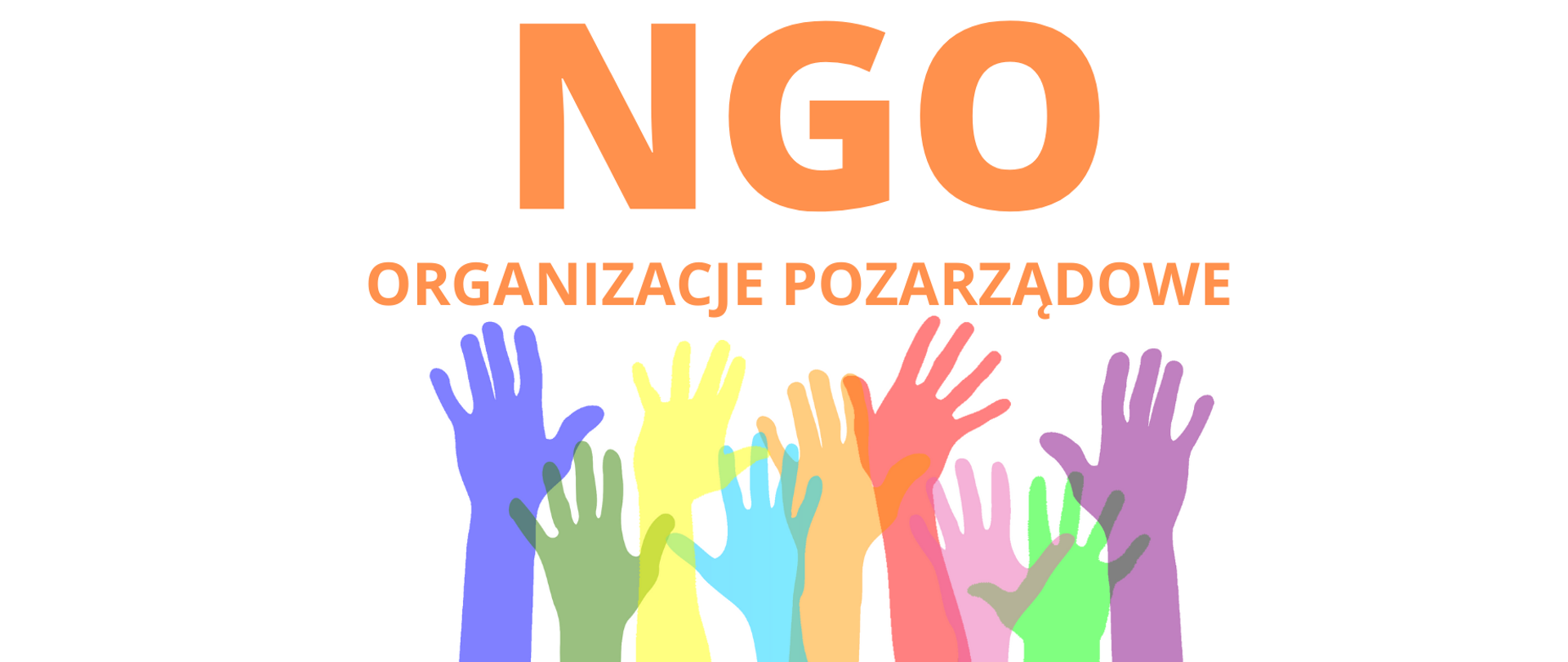 Tekst: "NGO Organizacje pozarządowe", poniżej kolorowe dłonie.