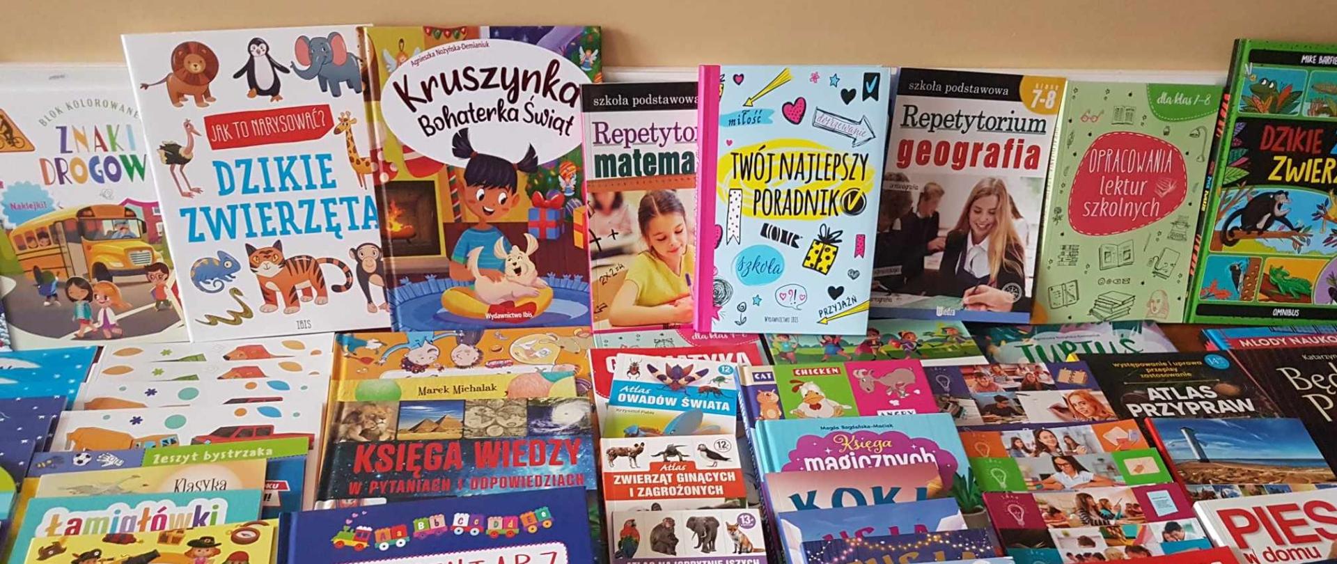 Kolorowe książki ustawione na stoliku w ramach szkolnego kiermaszu.