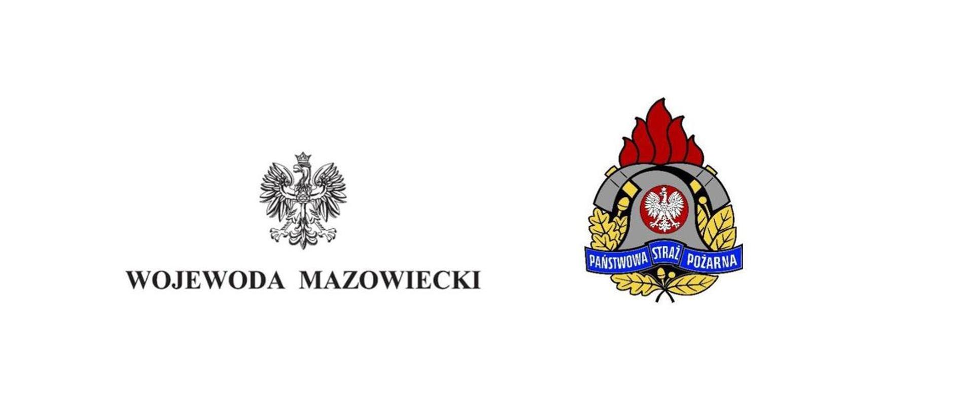 Grafika przedstawia: po lewej stronie na białym tle biały orzeł godło państwa i czarny napis Wojewoda Mazowiecki, po prawej stronie srebrny hełm strażacki z białym orłem, z tyłu dwa skrzyżowane toporki, u góry czerwone płomienie, poniżej złote liście dębowe i niebieska wstęga z napisem Państwowa Straż Pożarna
