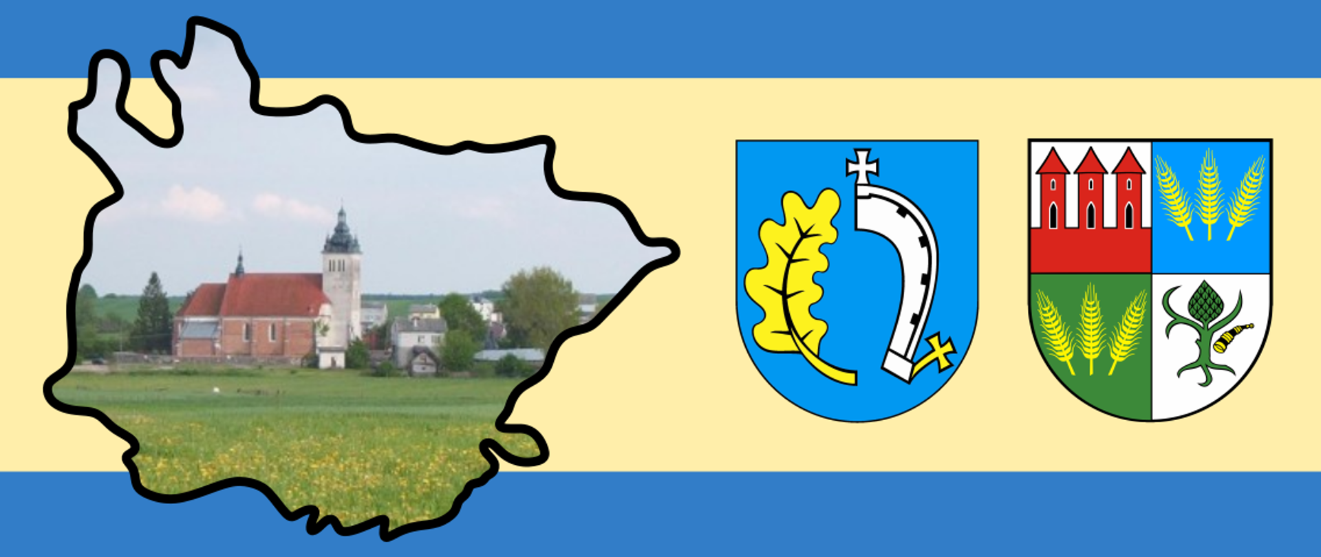 Grafika przedstawia zdjęcie kościoła w Krzynowłodze Małej wpisanego w obrys Gminy Krzynowłoga Mała. Obok herb Gminy Krzynowłoga Mała i Powiatu Przasnyskiego.
