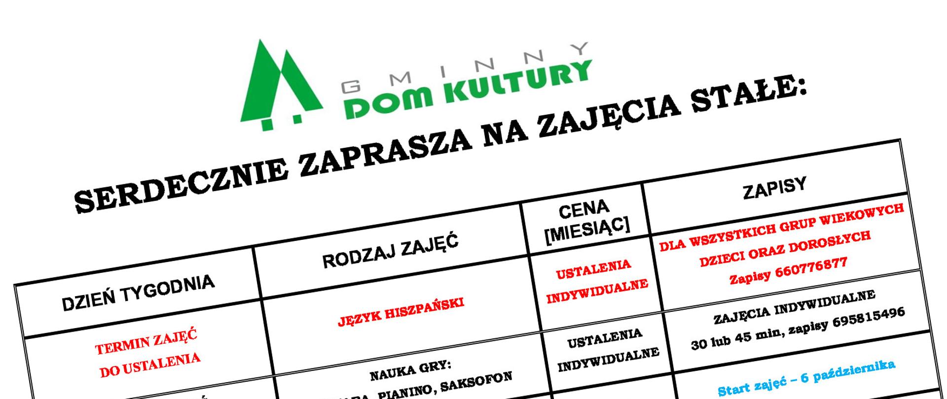 Zajęcia stałe 2025/2026 w Gminnym Domu Kultury