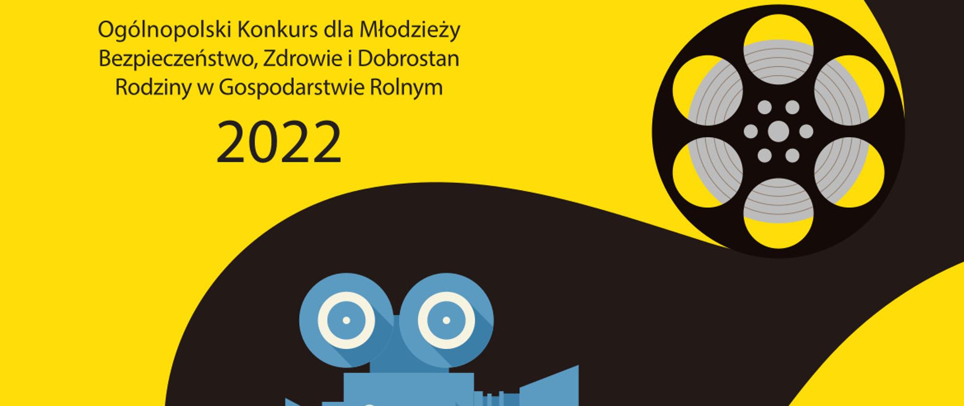 Plakat konkursu „Moja Wizja Zero - Bezpieczeństwo, Zdrowie i Dobrostan Rodziny w Gospodarstwie Rolnym”. Żółte tło, piktogramy kamery, taśmy filmowej oraz klapsa filmowego oraz logotypy organizatorów: KRUS, Ministerstwo Rolnictwa i Rozwoju Wsi, Państwowa Inspekcja Pracy, PGE Fundacja, AGRO Ubezpieczenia, Krajowy Ośrodek Wsparcia Rolnictwa, Agencja Restrukturyzacji i Modernizacji Rolnictwa. Patronat medialny: TVP Info
