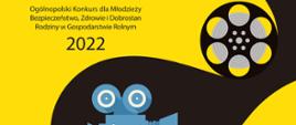 Plakat konkursu „Moja Wizja Zero - Bezpieczeństwo, Zdrowie i Dobrostan Rodziny w Gospodarstwie Rolnym”. Żółte tło, piktogramy kamery i taśmy filmowej
