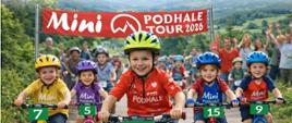 Plakat promujący Mini Podhale Tour 2026 – cykl zawodów rowerowych dla dzieci w Małopolsce. Na zdjęciu dzieci w kaskach jadą na rowerach podczas wyścigu. Plakat zawiera harmonogram sześciu zawodów: Łętownia (1 maja), Czarny Dunajec (7 czerwca), Nowy Targ (14 czerwca), Spytkowice (27 czerwca), Rabka-Zdrój (12 września) i Raba Wyżna (19 września 2026). Podano także program zawodów, organizatora – Towarzystwo Cyklistów „Orzeł” Spytkowice – oraz informacje o patronach i sponsorach.