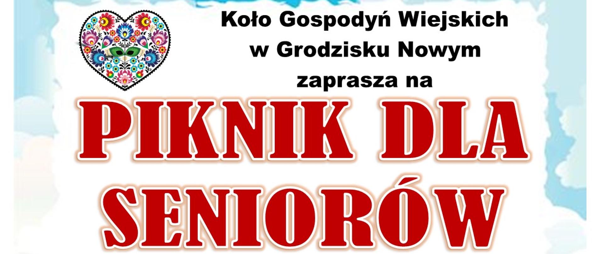 tło błękitne niebo na dole plakatu zielona trawa i drzewa na środku kolorowe litery, zaproszenie na piknik dla seniorów 
