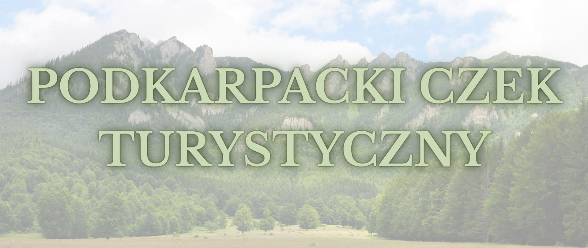 Na tle gór napis Podkarpacki czek turystyczny 