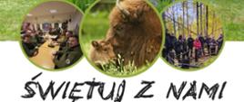 Na plakacie 4 zdjęcia: pracowników Parku oraz żubrów, u dołu napisy organizacyjne, zawarte w artykule