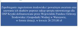 „Zapobieganie zagrożeniom środowiska i poważnym awariom oraz usuwanie ich skutków poprzez zakup sprzętu ratowniczego dla OSP Krynki”został w dniu 13.08.2019 r. rozpatrzony pozytywnie na posiedzeniu Zarządu Wojewódzkiego Funduszu Ochrony Środowiska i Gospodarki Wodnej w Warszawie. Uchwałą Zarządu WFOŚiGW w Warszawie przyznane zostało Gminie Paprotnia dofinansowanie w formie dotacji w wysokości do 26 235,00 zł"