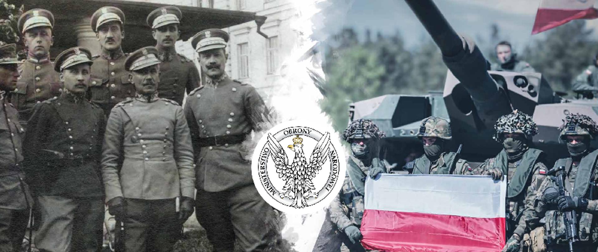 Na zdjęciu centralnie umieszczone logo Ministerstwa Obrony Narodowej (Orzeł biały w koronie położony na okręgu w który wpisany jest napis Ministerstwo Obrony Narodowej. Po lewej stronie archiwalne dawne zdjęcie grupowe żołnierzy polskich w umundurowaniu, a po prawej stronie współczesne zdjęcie żołnierzy w umundurowaniu bojowym, trzymających polską flagę. W tle nowoczesny czołg.